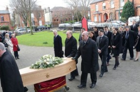 The remains of the late Justice Adrian Hardiman arriving at the Church of the Holy Name in Ranelagh today, accompanied by his wife Yvonne and family and other mourners. Photograph: Dave Meehan/ The Irish Times